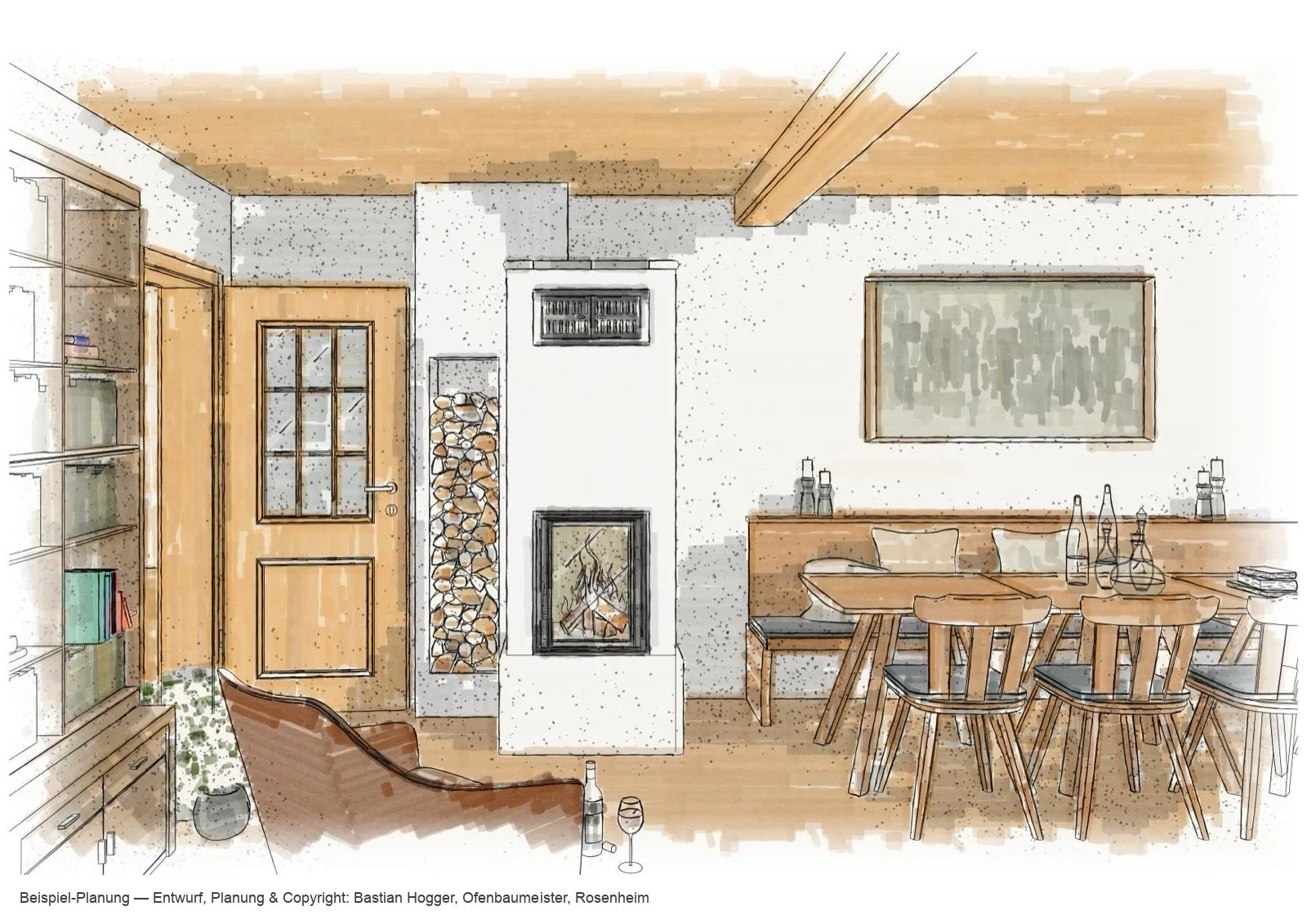 Hogger-Planung Seite 2 — Aquarell-Skizze Wohnraum